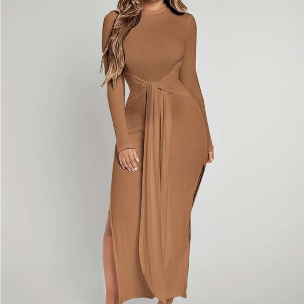Solid Split Thigh Tie Front Dress - image 4